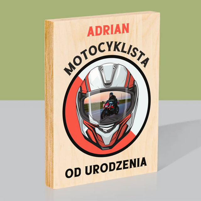 Zdjęcie I Podpis: Motocyklista Od Urodzenia - Wydruk Na Drewnie