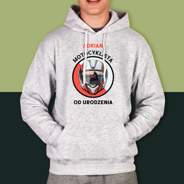 Zdjęcie I Podpis: Motocyklista Od Urodzenia - Bluza Męska Z Kapturem