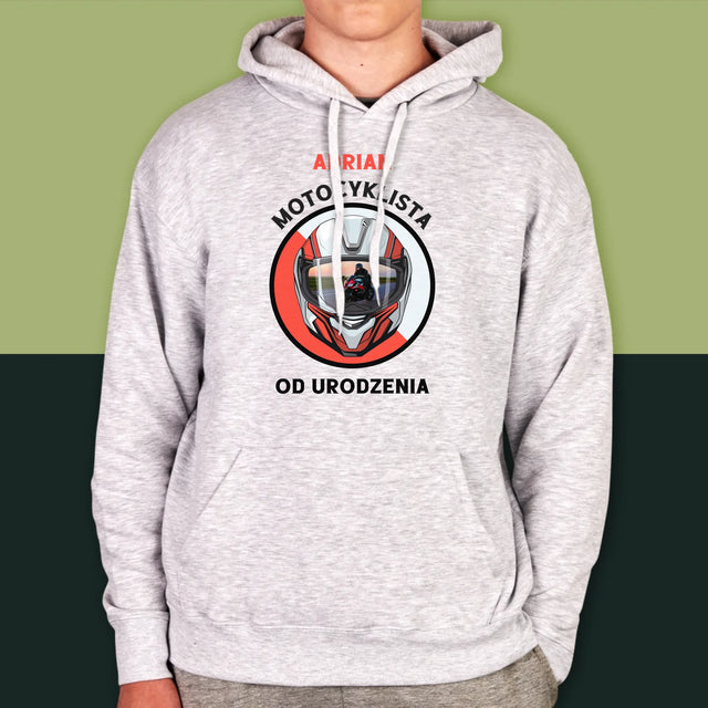 Zdjęcie I Podpis: Motocyklista Od Urodzenia - Bluza Męska Z Kapturem