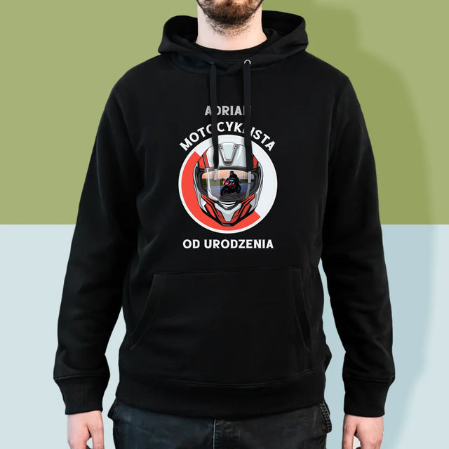 Zdjęcie I Podpis: Motocyklista Od Urodzenia - Bluza Męska Z Kapturem