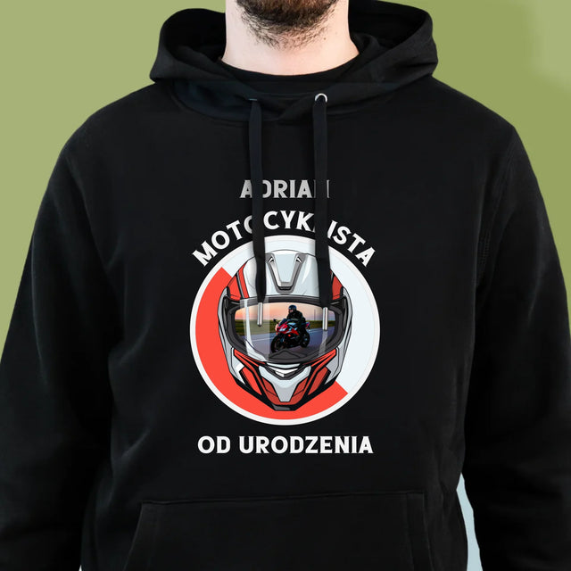 Zdjęcie I Podpis: Motocyklista Od Urodzenia - Bluza Męska Z Kapturem