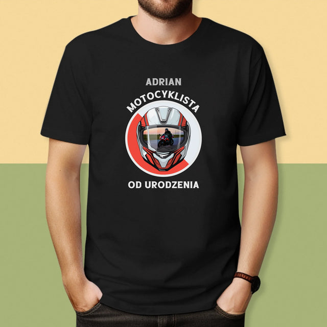 Zdjęcie I Podpis: Motocyklista Od Urodzenia - Koszulka Męska z Nadrukiem