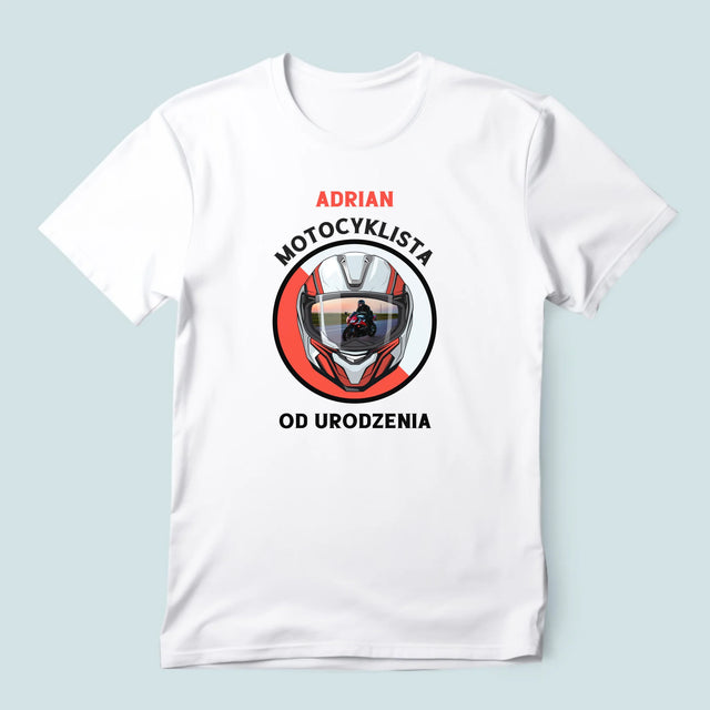 Zdjęcie I Podpis: Motocyklista Od Urodzenia - Koszulka Męska z Nadrukiem