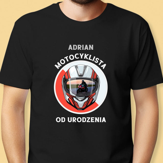 Zdjęcie I Podpis: Motocyklista Od Urodzenia - Koszulka Męska z Nadrukiem