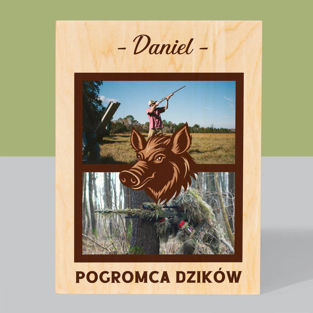 Fotokolaż: Pogromca Dzików - Wydruk Na Drewnie