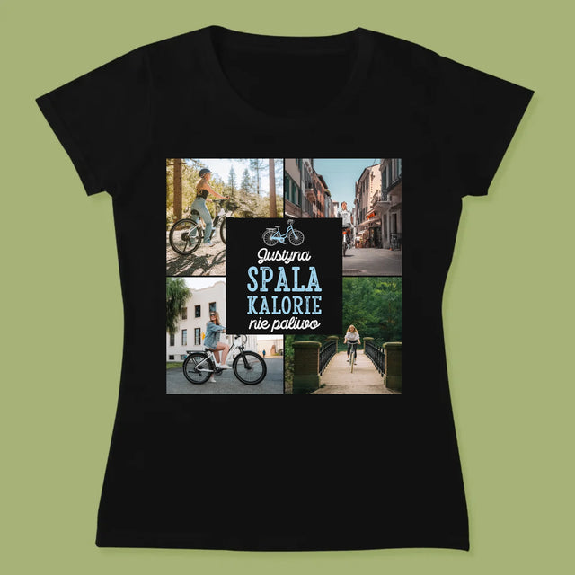Fotokolaż: Spala Kalorie, Nie Paliwo - Koszulka Damska z Nadrukiem
