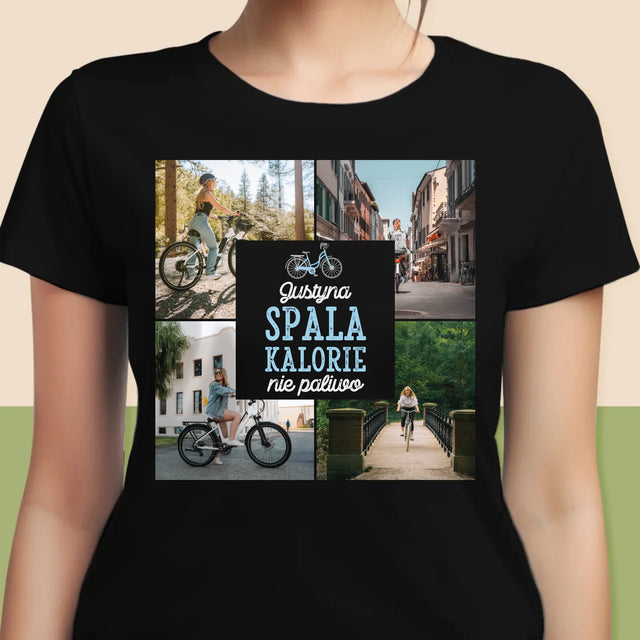 Fotokolaż: Spala Kalorie, Nie Paliwo - Koszulka Damska z Nadrukiem