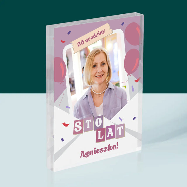 Zdjęcie I Podpis: 50 Urodziny Balony - Blok Akrylowy z Nadrukiem