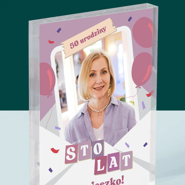 Zdjęcie I Podpis: 50 Urodziny Balony - Blok Akrylowy z Nadrukiem
