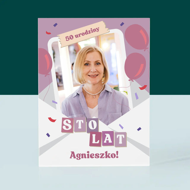 Zdjęcie I Podpis: 50 Urodziny Balony - Blok Akrylowy z Nadrukiem