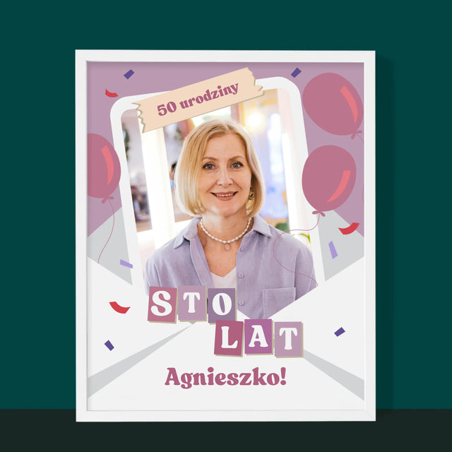 Zdjęcie I Podpis: 50 Urodziny Balony - Wydruk Obramowany