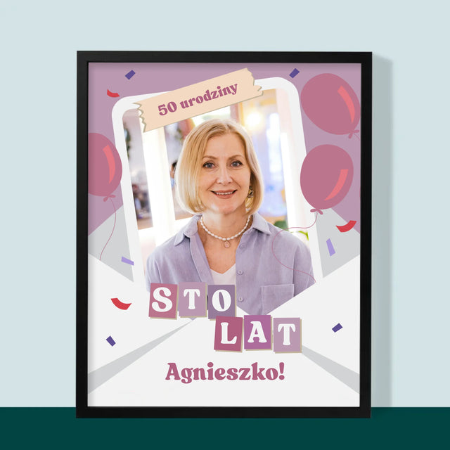 Zdjęcie I Podpis: 50 Urodziny Balony - Wydruk Obramowany