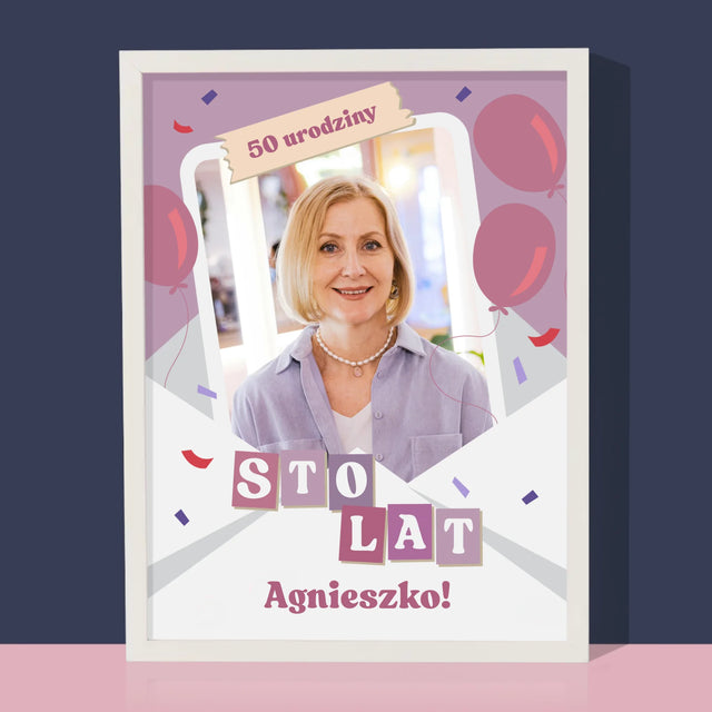 Zdjęcie I Podpis: 50 Urodziny Balony - Wydruk Obramowany