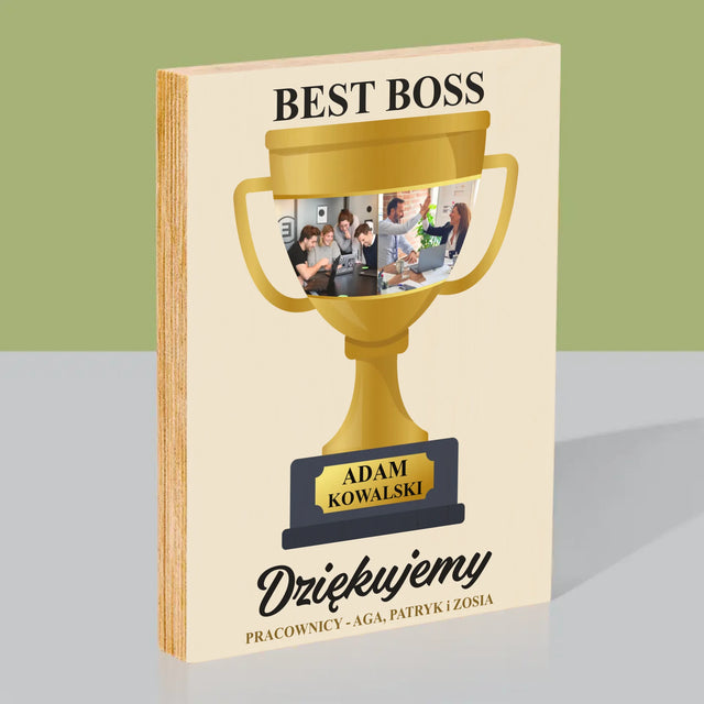 Fotokolaż: Best Boss Puchar - Wydruk Na Drewnie