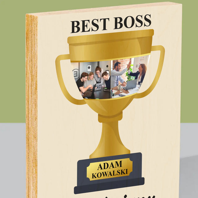 Fotokolaż: Best Boss Puchar - Wydruk Na Drewnie