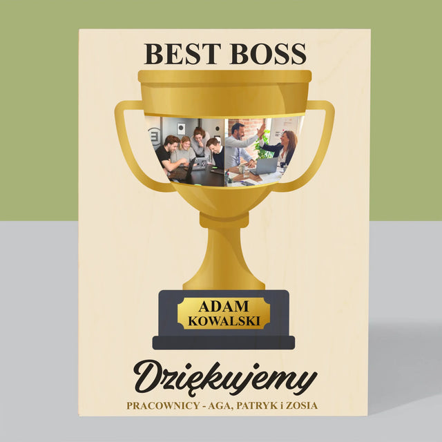 Fotokolaż: Best Boss Puchar - Wydruk Na Drewnie