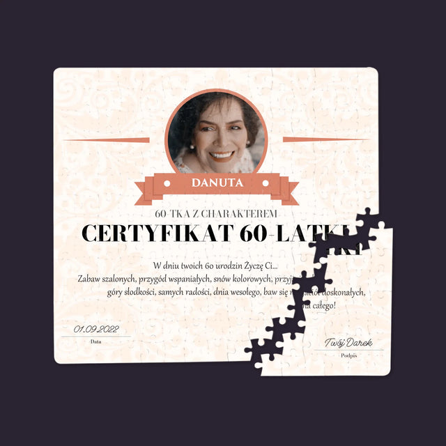 Certyfkat: Certyfikat 60-Latki - Personalizowane Puzzle