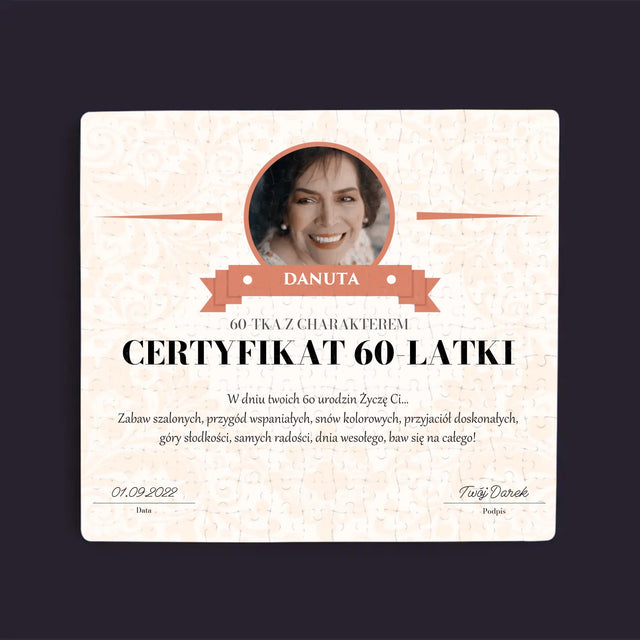Certyfkat: Certyfikat 60-Latki - Personalizowane Puzzle