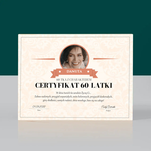 Certyfkat: Certyfikat 60-Latki - Wydruk Na Drewnie