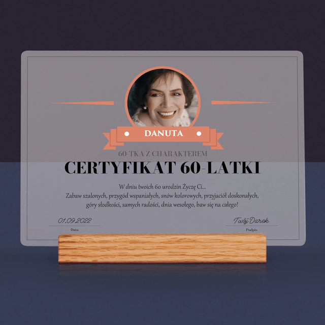 Certyfkat: Certyfikat 60-Latki - Wydruk Na Szkle Akrylowym