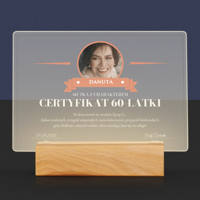 Certyfkat: Certyfikat 60-Latki - Wydruk Na Szkle Akrylowym