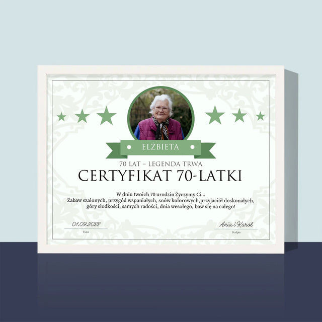 Certyfkat: Certyfikat 70-Latki - Wydruk Obramowany
