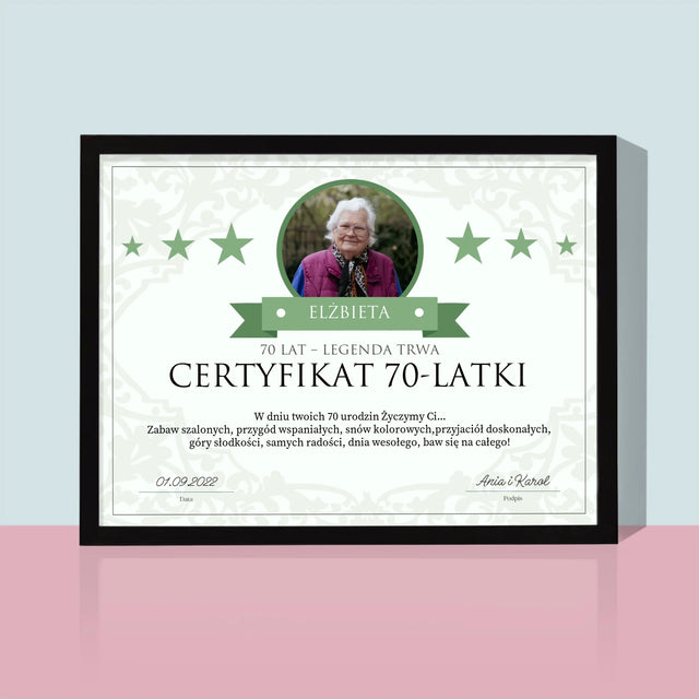 Certyfkat: Certyfikat 70-Latki - Wydruk Obramowany