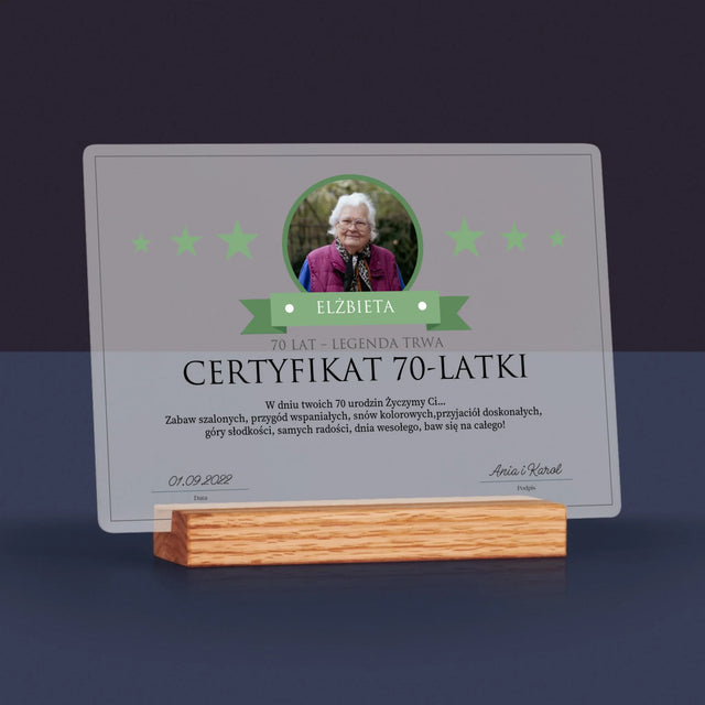 Certyfkat: Certyfikat 70-Latki - Wydruk Na Szkle Akrylowym