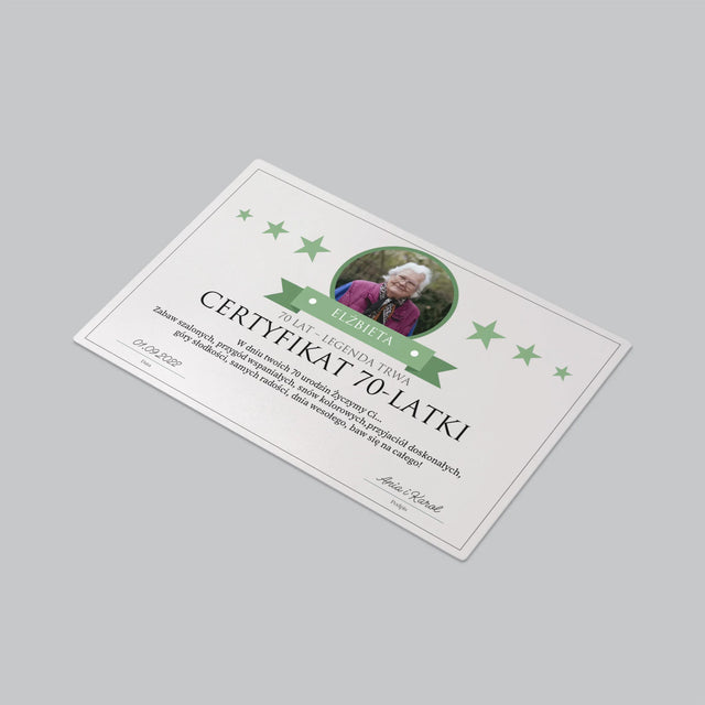 Certyfkat: Certyfikat 70-Latki - Podkładka Na Biurko