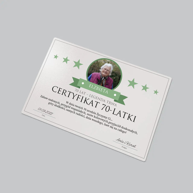 Certyfkat: Certyfikat 70-Latki - Podkładka Na Biurko