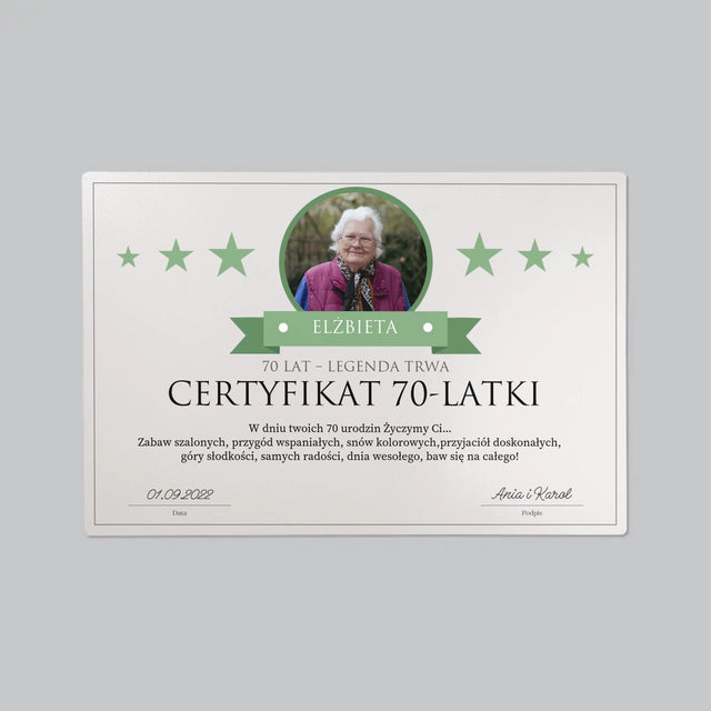Certyfkat: Certyfikat 70-Latki - Podkładka Na Biurko