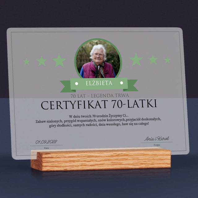 Certyfkat: Certyfikat 70-Latki - Wydruk Na Szkle Akrylowym