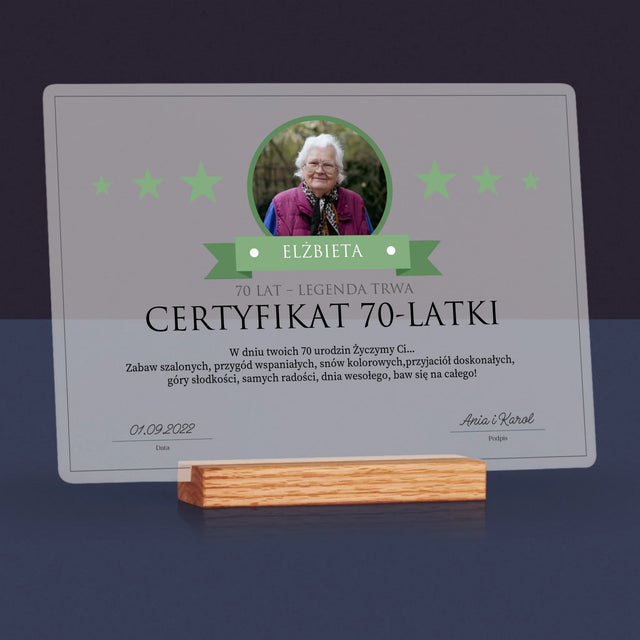 Certyfkat: Certyfikat 70-Latki - Wydruk Na Szkle Akrylowym