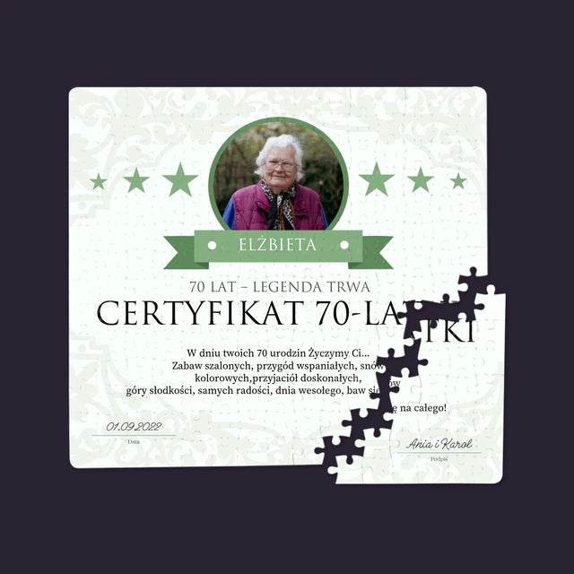 Certyfkat: Certyfikat 70-Latki - Personalizowane Puzzle