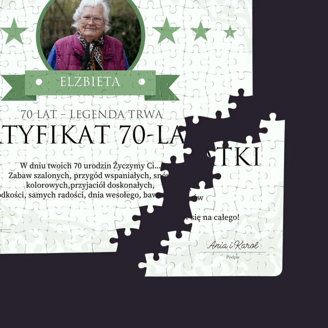 Certyfkat: Certyfikat 70-Latki - Personalizowane Puzzle