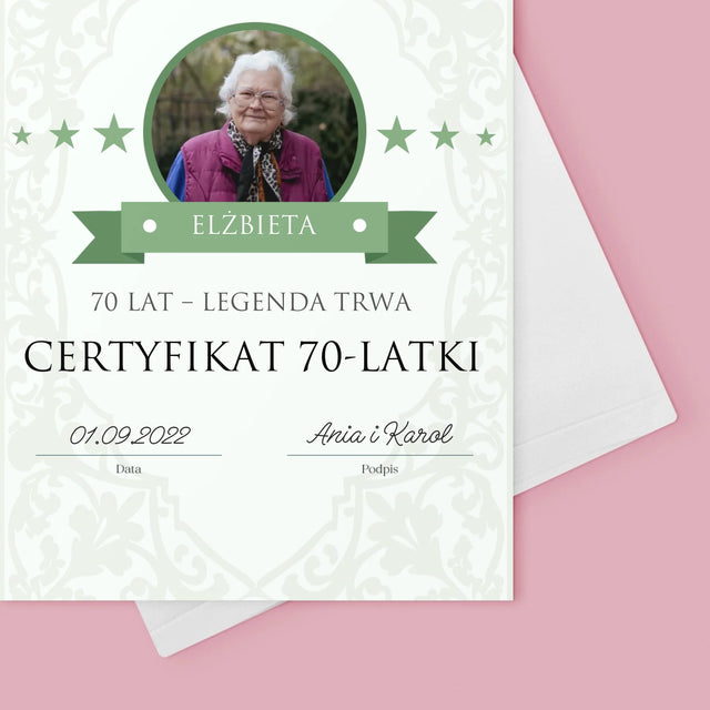 Certyfkat: Certyfikat 70-Latki - Kartka z Życzeniami