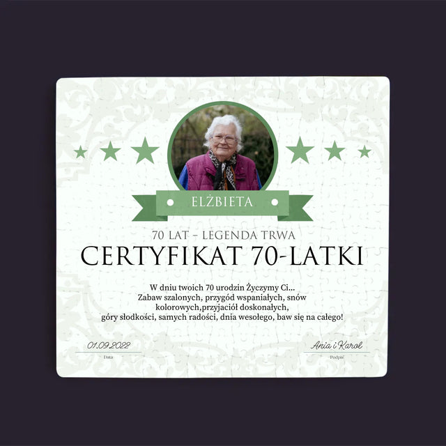 Certyfkat: Certyfikat 70-Latki - Personalizowane Puzzle