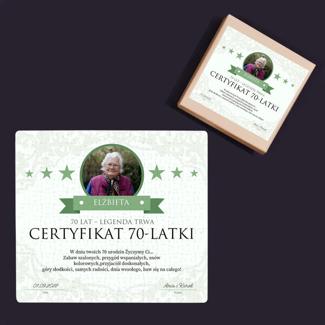 Certyfkat: Certyfikat 70-Latki - Personalizowane Puzzle