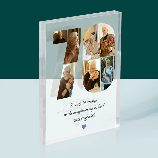 Kształt Ze Zdjęć: 70 Urodziny Życzenia - Blok Akrylowy z Nadrukiem