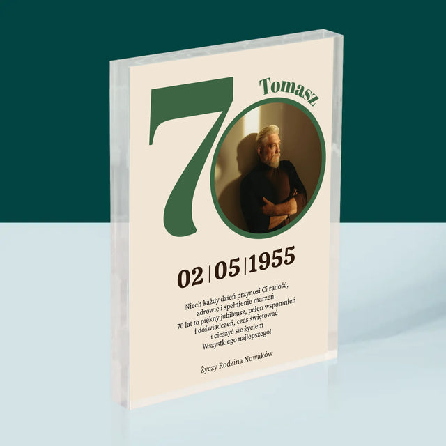 Zdjęcie I Podpis: 70 Urodziny Dedykacja - Blok Akrylowy z Nadrukiem