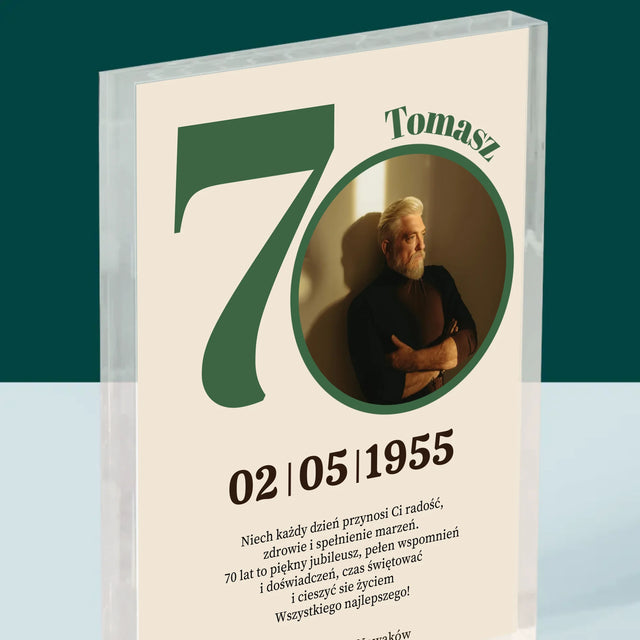 Zdjęcie I Podpis: 70 Urodziny Dedykacja - Blok Akrylowy z Nadrukiem