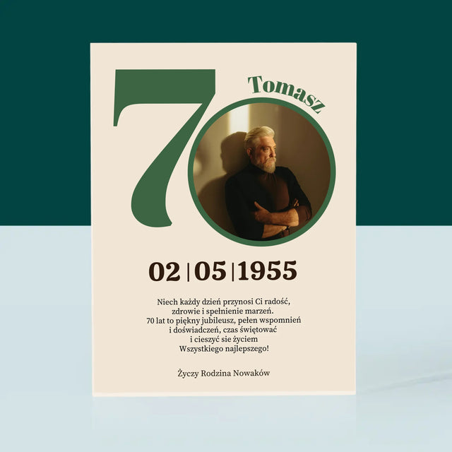 Zdjęcie I Podpis: 70 Urodziny Dedykacja - Blok Akrylowy z Nadrukiem