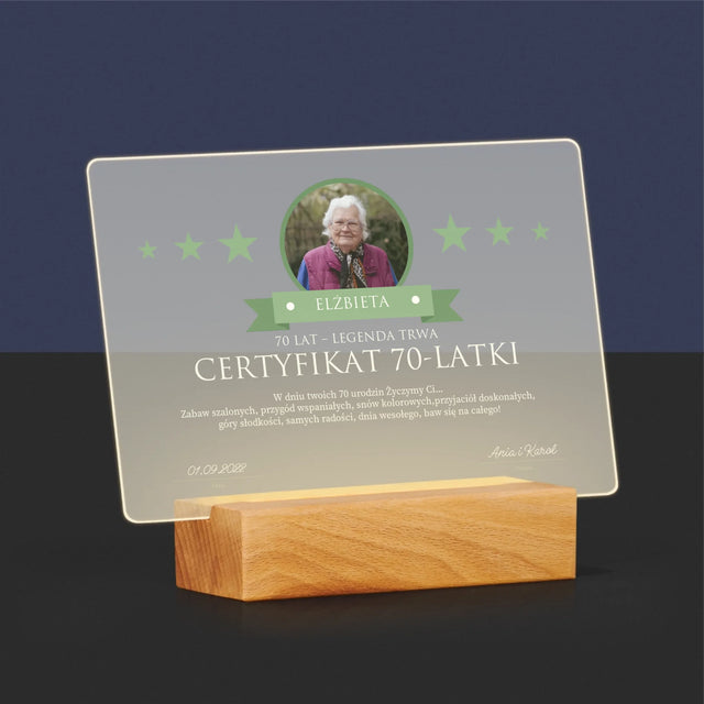Certyfkat: Certyfikat 70-Latki - Wydruk Na Szkle Akrylowym