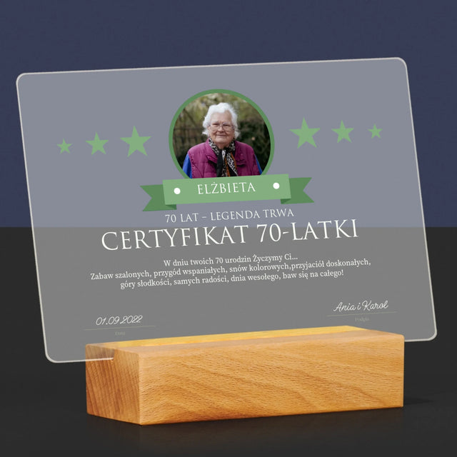 Certyfkat: Certyfikat 70-Latki - Wydruk Na Szkle Akrylowym