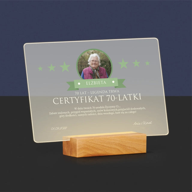 Certyfkat: Certyfikat 70-Latki - Wydruk Na Szkle Akrylowym