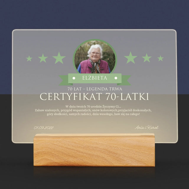 Certyfkat: Certyfikat 70-Latki - Wydruk Na Szkle Akrylowym