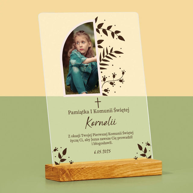Zdjęcie i Podpis: Pierwsza Komunia Święta Listki - Wydruk Na Szkle Akrylowym