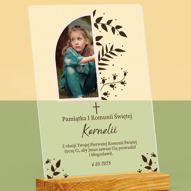 Zdjęcie i Podpis: Pierwsza Komunia Święta Listki - Wydruk Na Szkle Akrylowym