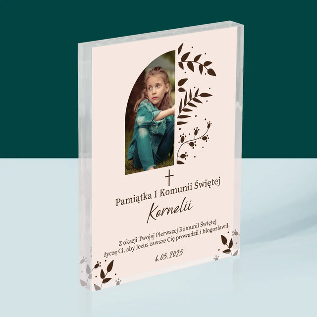 Zdjęcie i Podpis: Pierwsza Komunia Święta Listki - Blok Akrylowy z Nadrukiem