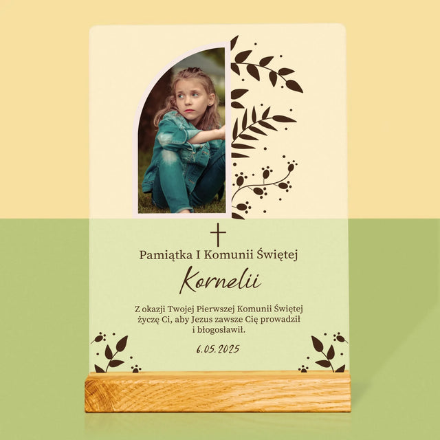 Zdjęcie i Podpis: Pierwsza Komunia Święta Listki - Wydruk Na Szkle Akrylowym